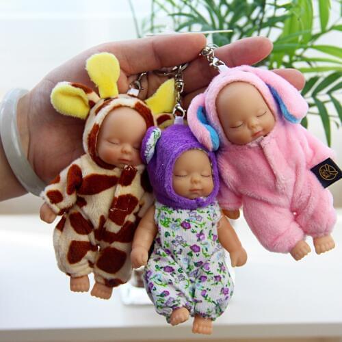 NEW Cute Sleeping Baby Doll KeyChains For Women Bag Toy Key Ring Fluffy Pom pom Faux Fur Plush Keychains