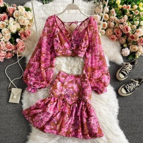 New Two-piece Set Womens Lantern Sleeve Print shrit And Short Dress Summer 2-Piece Set