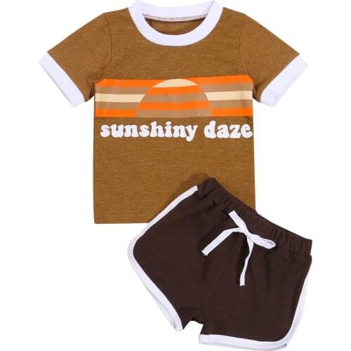OPPERIAYA Short Sleeve Round Neck T-shirt Drawstring Shorts Sunshine Daze Print Elastic Waist Color Block Summer Casual Clothing