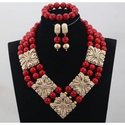 Luxury Red Coral Beads Jewellery Sets Gold Pendant Statement Chunky Necklace Set Bride Jewlery Free Shipping WD913