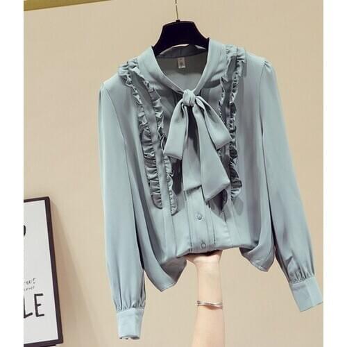 Bow Ruffles Shirt Women 2021 Spring New All-Match Long Sleeve Chiffon Shirt Female Clothes Blusas Mujer De Moda Solid Color