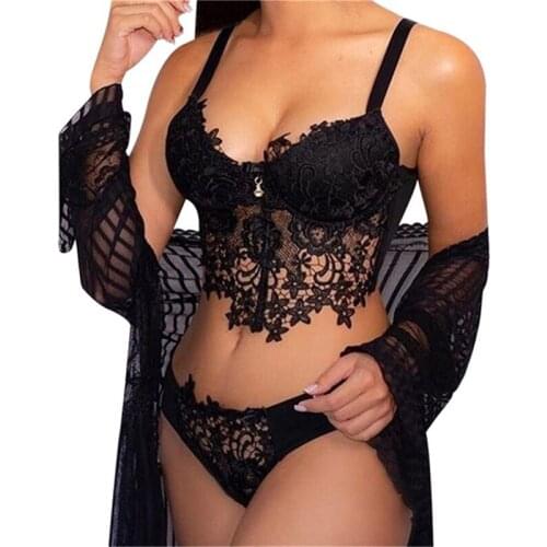 Sexy Lingerie Set Women Transparent Lace Babydoll Open Bra Set Floral G-String Underwear Set Nightwear Bra And Panty Sets