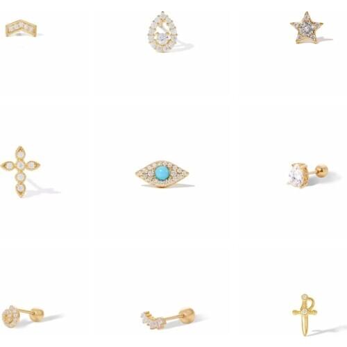 BOAKO 1Pcs Star Cross Eye Earrings For Women 925 Sterling Silver Stud Earrings Piercing Jewelry Ear Cuffs Pendientes #11.8