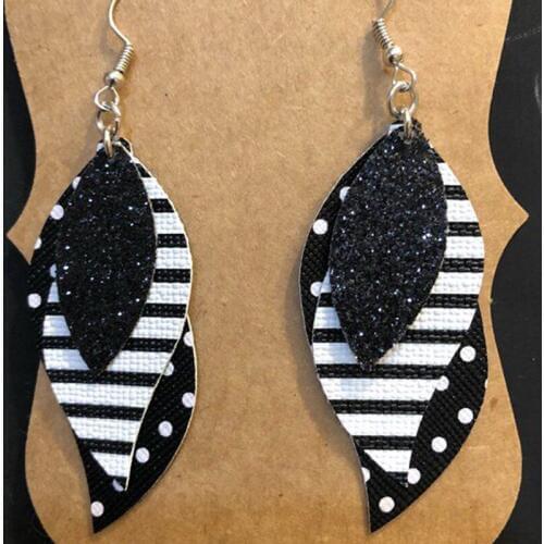 Custom New Layered Glitter Dots Feather Leather Earrings Three Layer Glitter Black and White Striped Fringe Leaf Earrings