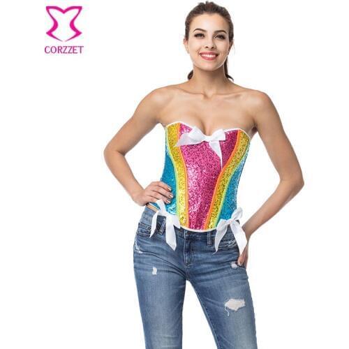 Victorian White Bow Rainbow Sequin Corsets And Bustiers Burlesque Showgirl Costumes Corset Sexy Bustier Lingerie Gothic Clothing
