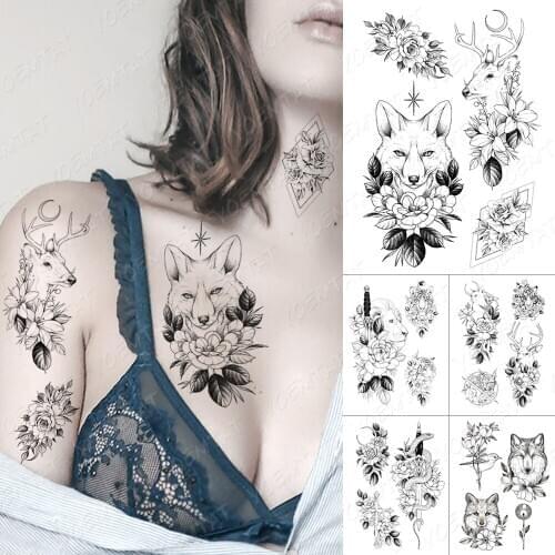 Waterproof Temporary Tattoo Sticker Line Fox Deer Flowers Flash Tattoos Lion Cat Tiger Snake Wolf Body Art Arm Fake Tatoo Women
