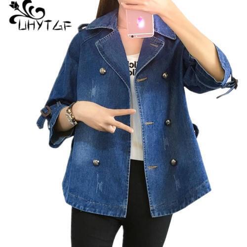 UHYTGF Womens jackets Korean loose plus size denim jacket Lapel double-breasted casual autumn jeans jacket jaqueta feminina 723