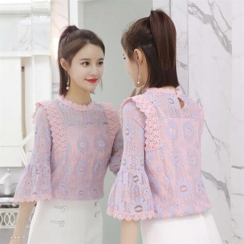 Summer 2021 New Flare Sleeves Slim Lace Shirt Half Sleeve Hollow Out Blouse Top Women Blusas Mujer De Moda