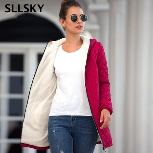 SLLSKY Women Winter Warm Cotton Parkas Long Thick Casual Basic Lamb Hooded Jacket Solid Slim Ladys Zipper Simple Outerwear