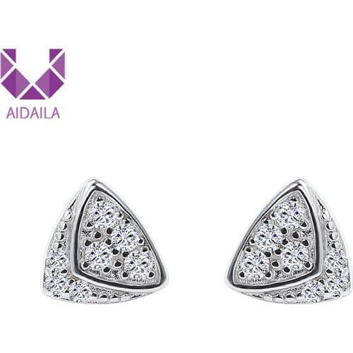 Small Stud Earrings Women Triangle Shape Authentic 925 Sterling Silver Classic Clear AAA Cubic Zircon Sterling Silver Jewelry