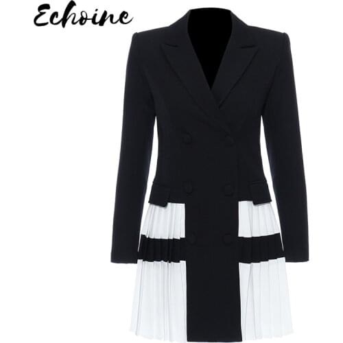 Women Black Contrast Color Pleated Blazer New Lapel Long Sleeve Loose Fit Jacket Fashion Tide Spring Autumn 2020 Office Dresses
