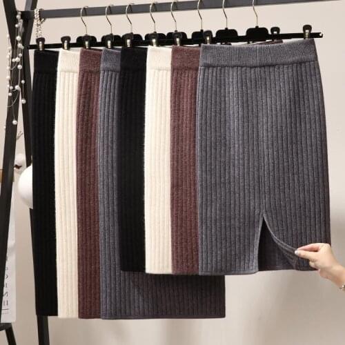 Slit Knitted Female Autumn Winter Long Dress Wool Skirt Woman Skirts Faldas Jupe