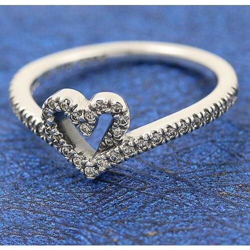 Original Sparkling Wishbone Heart With Crystal Rings For Women 925 Sterling Silver Ring Wedding Party Gift Pandora Jewelry