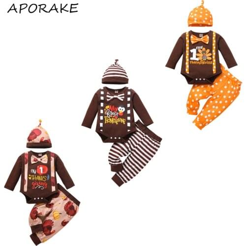 2021 0-18M Baby Clothes Cute Thanksgiving Letter Printed Long Sleeve Romper and Turkey Trousers with Hat Boys Girls Costume 3pcs