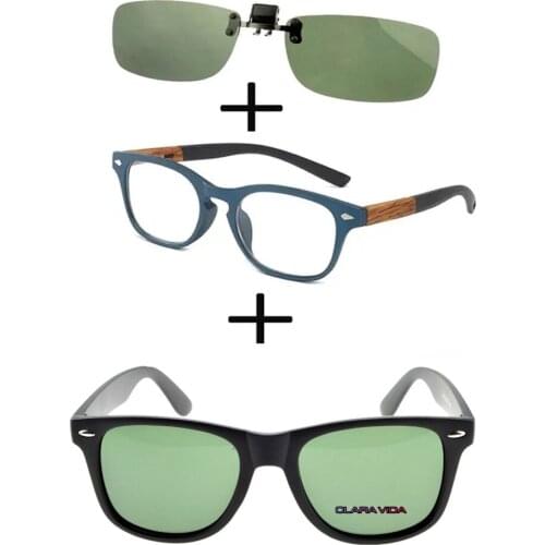 3Pcs!!! Comfortable Wooden Squared Frame Reading Glasses for Men Women + Squared Polarized Sunglasses Outdoor + Sunglasses Clip
