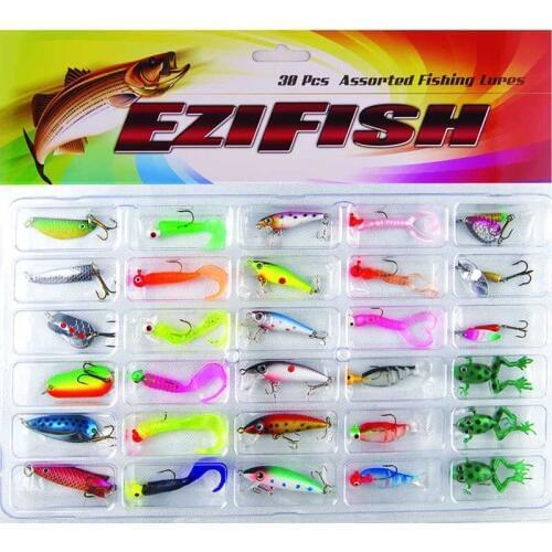 30pcs lure fishing bait suit special offer Sequins: 3g-10g Hanging soft insects lead head hook: 4g Minow: 4g Frog: 3g