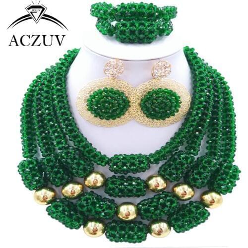 ACZUV Latest Dark Green Nigerian Wedding African Beads Jewelry Set Crystal Necklace and Earrings Bracelet D4R028