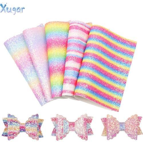 Xugar accessories 22*30cm rainbow Chunky glitter faux artificial Synthetic leather fabric hair bows diy decoration crafts 1piece
