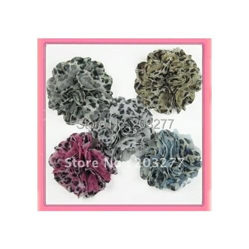 Free shipping!24pcs/lot 3 inch New chiffon leopard mesh fabric flowers 5colors for your choice