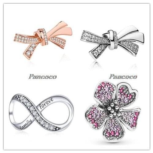 925 Sterling Silver Rose Sparkling Oversized Brilliant Bow With Crystal Beads Fit Pandora Bracelet & Necklace Jewelry