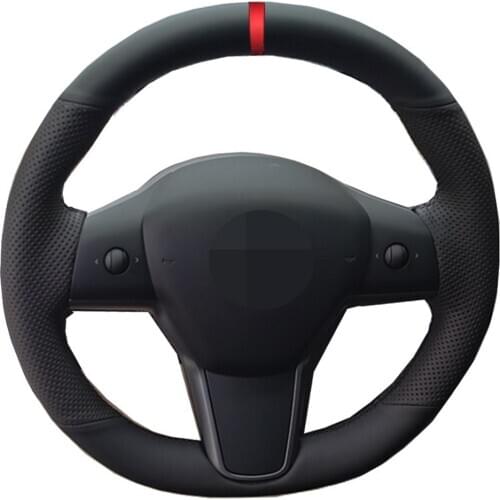 Car Steering Wheel Cover DIY Hand-stitched Black Genuine Leather For Tesla Model 3 2017 2018 2019 2020 Volant