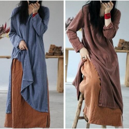 Cotton Linen Dress Women V neck Vintage Long Sleeve 2019 Autumn Winter Solid Color Loose Casual Women Robe YoYiKamomo