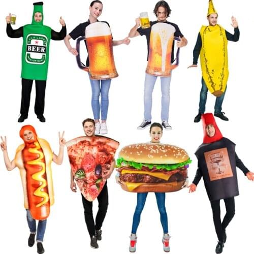 QLQ Christmas Unisex Beer Bottle Costumes Cosplay Adult Banana Pizza Hamburger Jumpsuit Role Playing Halloween Costume for Women