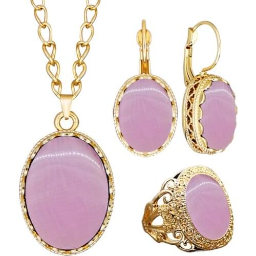 Oval Pink Green Cat Eye Stone Necklace Earring Ring Sets For Women Fashion Gold Color Women Jewelry Set