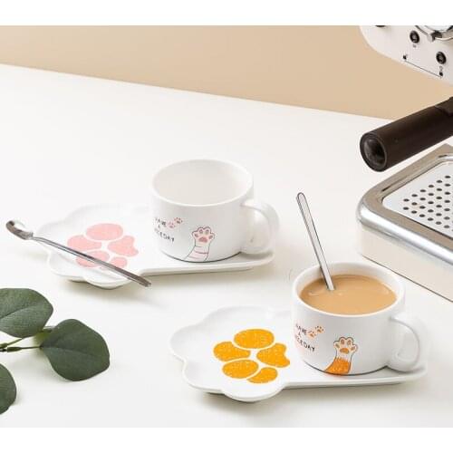 Spoon Creative Drinkware Coffee Tea Cups Novelty Milk Cup Breakfast Cute Cat Paw Ceramics Coffee Mug Set Animal Mugs With Tray