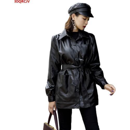 Leather Jacket Female Spring Autumn Loose Single-breasted PU Leather Coat Women Fashion Pocket Motorcycle Outerwear Belt W1678