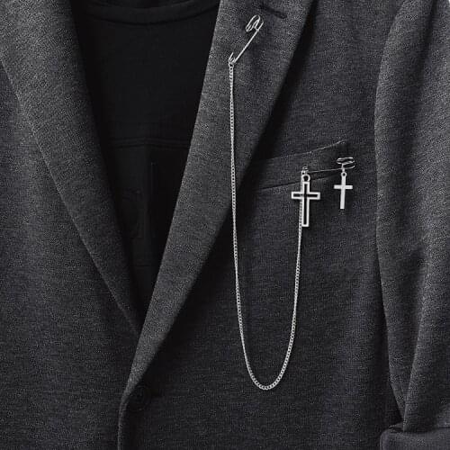 Retro Punk Silver Color Minimalist Pins Cross Metal Brooch for Women Man Couple Hip Hop Long Chain Coat Accessories Brooch