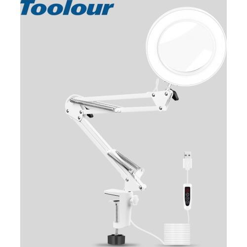 Toolour White LED Illuminated Lamp Magnifying Glass Table Clamp Soldering Third Hand Helping Tool Reading Welding 5X Magnifier