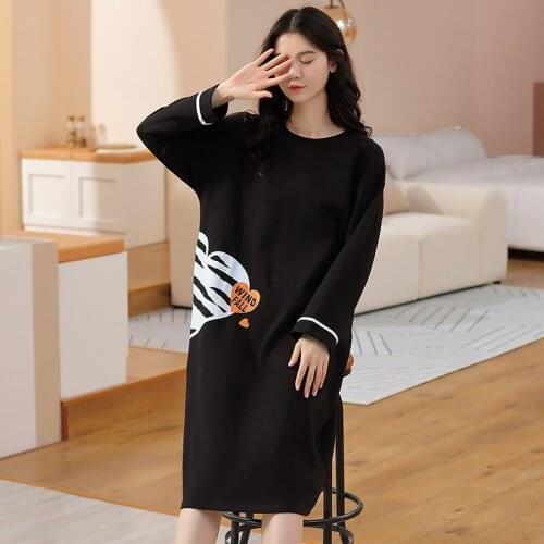 2021 New Autumn 100% Cotton Long Sleeve Long Dress Nightgowns for Women Korean Loose Sleepwear Night Gown Nightdress Home Nighty