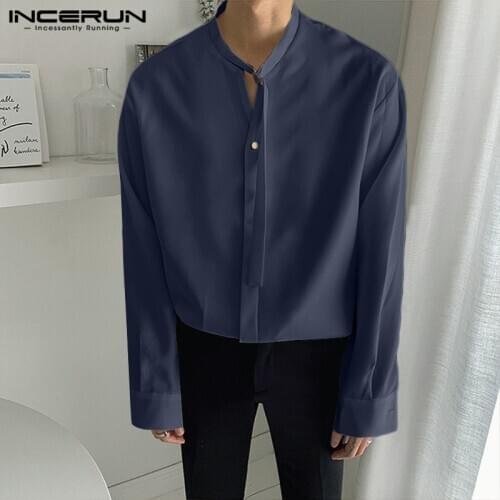 Solid Color Men Shirt Streetwear Long Sleeve Chic Blouse Korean Loose Lace Up Button Camisas Fashion Casual Shirts INCERUN 5XL 7