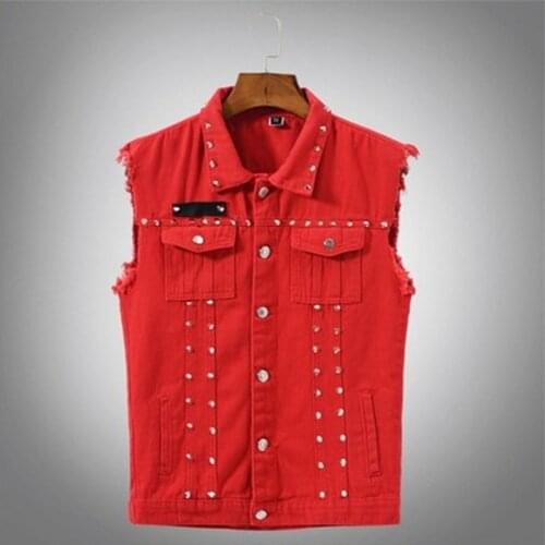Autumn Mens Vest Vintage Denim Jeans Vest Male Red Revit Sleeveless Jackets Men Retor Hole Jeans Waistcoats Clothing 5XL