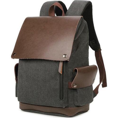 Mens Vintage Canvas laptop Backpack Leather Cover Zipper Solid Travel Backpack school bag pack High Quality for men