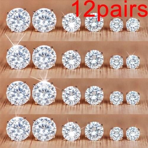 6/12 Pairs Classic Fashion Color AAA CZ Element Stud Earrings for Women Crystal Zircon Studs Earring Mens Jewelry Wholesale