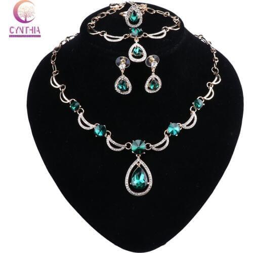 Wedding Jewelry Set Green Crystal Necklace Earrings Bracelet Gift for Womens Accessories Dropshipping Gold color Jewelry Set