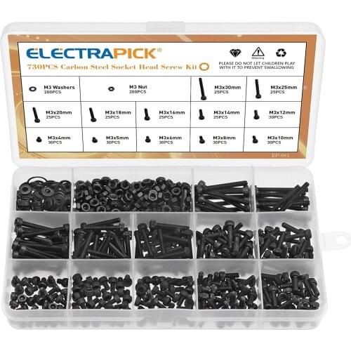 Electrapick 730pcs M3 Carbon Steel Socket Head Cap Screws With Flat Washers Nuts Male Wrench