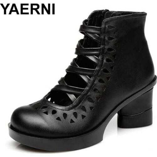 YAERNINational style leather womens shoes thick heel hollow hole shoes spring and autumn single shoes ladies breathable leather