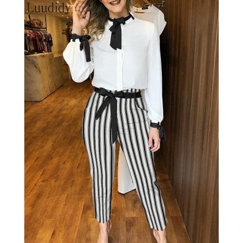 Women Officewear Long Sleeve Tied Detail Shirt & Striped Pants Set