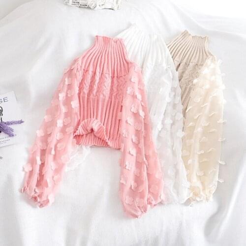 Women Short Sweater Winter Luxury 3D Flower Lantern Sleeve Sweet Sweater Cute Autumn Chiffon Sleeves Cropped Knit Tops Clothing