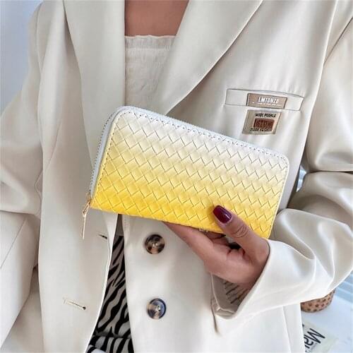 Women Weave Wallet Leather Wrist Handle Phone Case Long Section Money Pocket Pouch Handbag Women Purse Card Holder Wallet