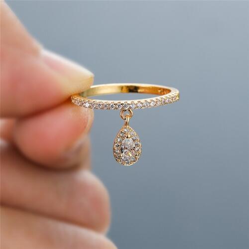 Cute Female White Crystal Pendant Ring Charm Yellow Gold Wedding Rings For Women Bridal Water Drop Engagement Ring