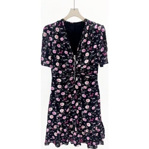2021 Spring and Summer New Zipper V-neck Floral Dress Women
