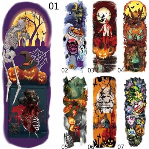 1 Piece Halloween Temporary Tattoo Sticker Pumpkin Ghost Skull Full Flower Tattoo with Arm Body Art Big Large Fake Tattoo