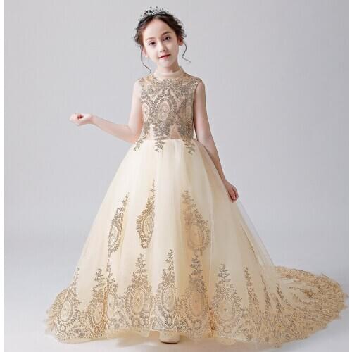 2020 Gold Flower Girls Dresses Jewel Neck Hand Made Flowers Sleeveless Long Birthday Girl Pageant Gowns