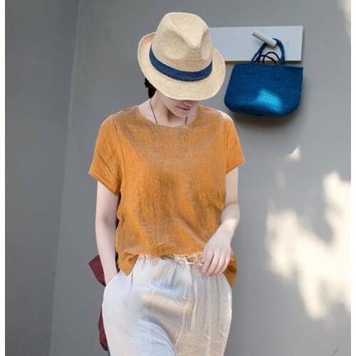2021 summer linen top womens round neck casual loose thin cotton linen short sleeve T-shirt 2021051