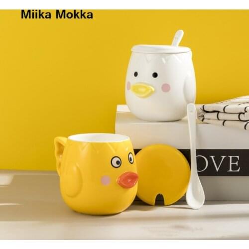 500ML 3D Creative Animal Coffee Mug with Lid Spoon White Yellow Couple Cups Cute Cartoon Duck Ceramic Mugs Milk Cup Drinkware