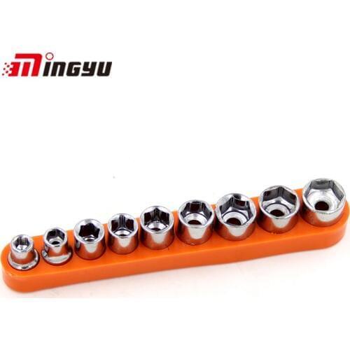 9PCS Hex Socket Set Hexagon Drive Sockets Adapter Conversion Square 1/4"(6.35mm) Convert Hex Socket 5-13mm Metric Sleeve Wrench